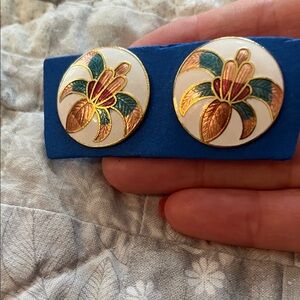 Sold-Vintage Floral Cloisonné Round Earrings in White, Gold & Teal